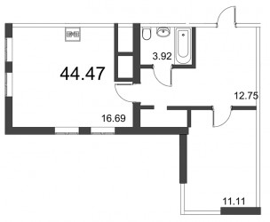 Двухкомнатная квартира (Евро) 44.46 м²