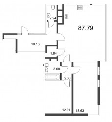 Трёхкомнатная квартира (Евро) 87.79 м²