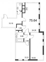 Трёхкомнатная квартира (Евро) 75.64 м²