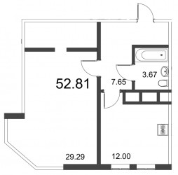 Однокомнатная квартира 52.75 м²