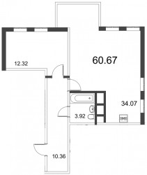 Двухкомнатная квартира (Евро) 60.72 м²