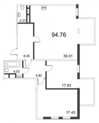 Трёхкомнатная квартира (Евро) 94.67 м²