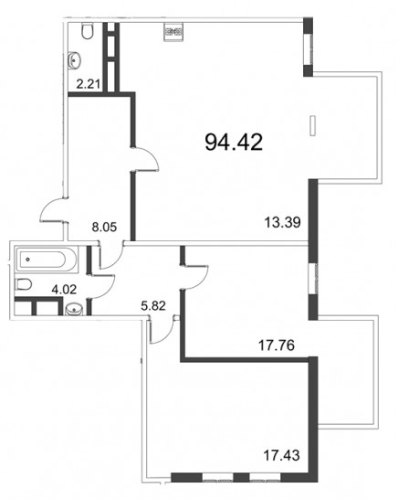 Трёхкомнатная квартира (Евро) 94.42 м²