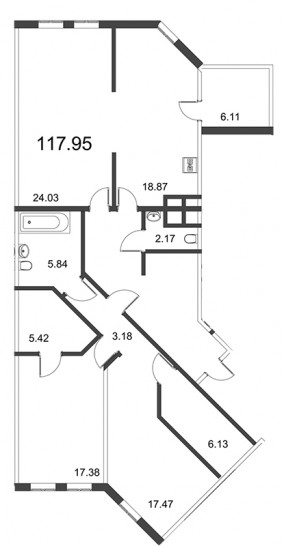 Трёхкомнатная квартира 118.17 м²