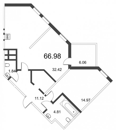 Двухкомнатная квартира (Евро) 66.98 м²
