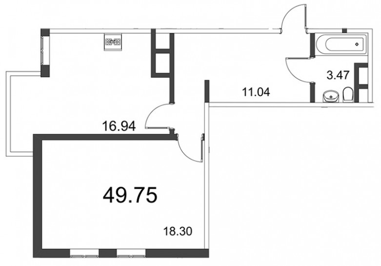 Однокомнатная квартира 49.8 м²