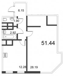 Однокомнатная квартира 51.85 м²