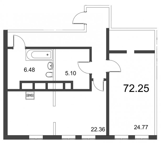 Двухкомнатная квартира (Евро) 73.26 м²