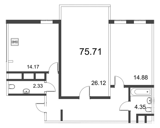 Двухкомнатная квартира 75.71 м²