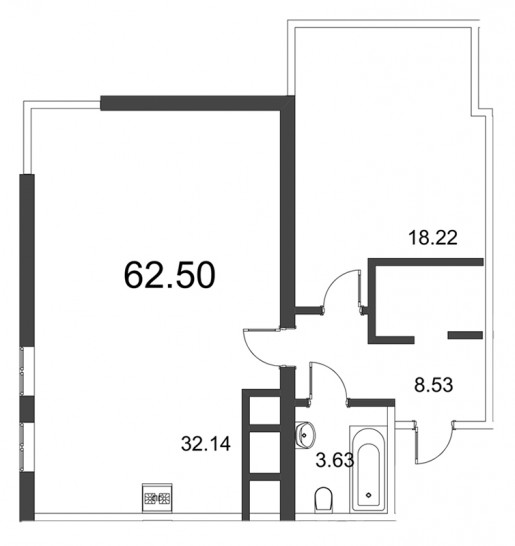 Двухкомнатная квартира (Евро) 62.38 м²