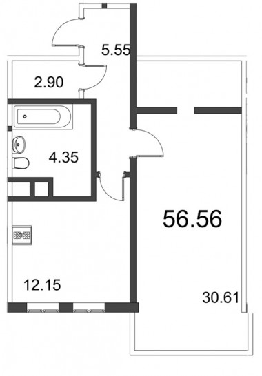 Однокомнатная квартира 56.57 м²