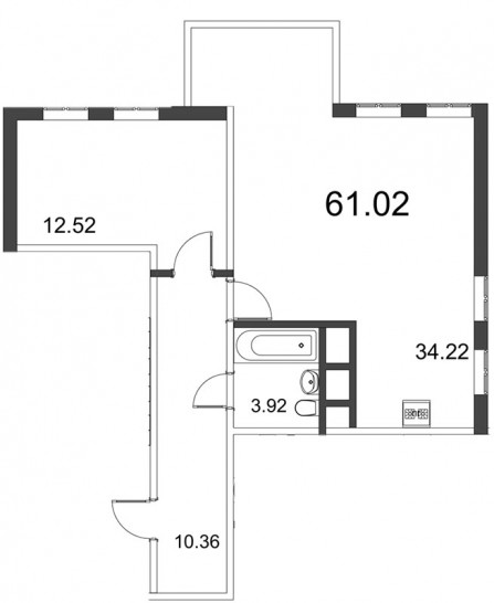 Двухкомнатная квартира (Евро) 61.08 м²