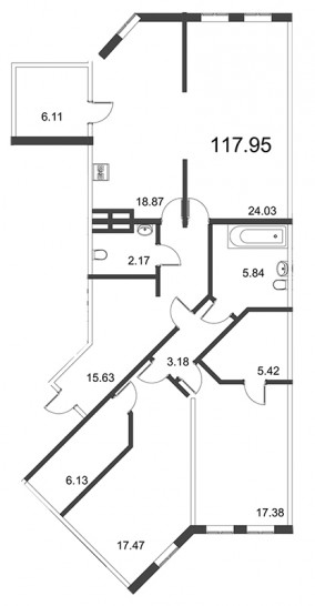 Трёхкомнатная квартира 118.17 м²