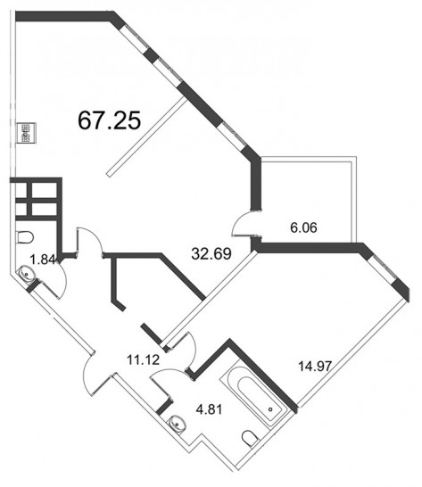 Двухкомнатная квартира (Евро) 67.25 м²