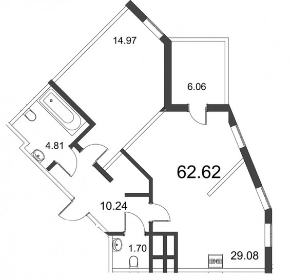 Двухкомнатная квартира (Евро) 62.54 м²