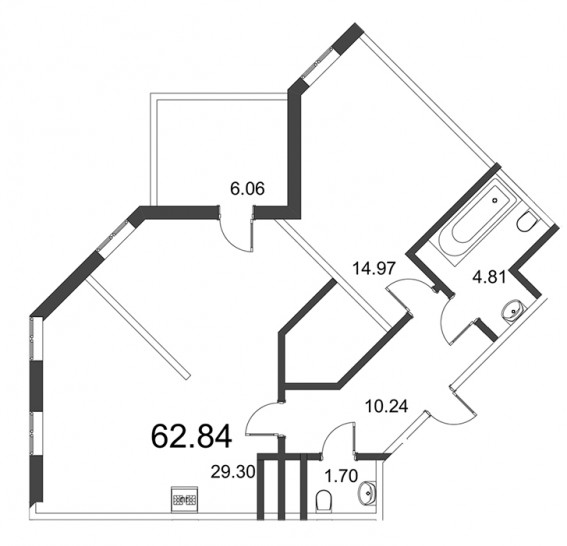 Двухкомнатная квартира (Евро) 62.76 м²