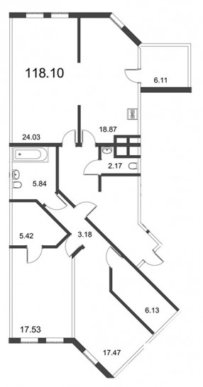 Трёхкомнатная квартира 118.32 м²