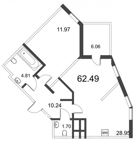 Двухкомнатная квартира (Евро) 62.41 м²