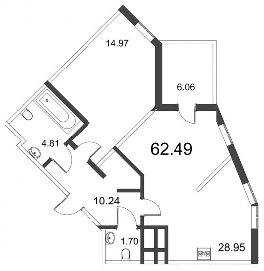 Двухкомнатная квартира (Евро) 62.41 м²