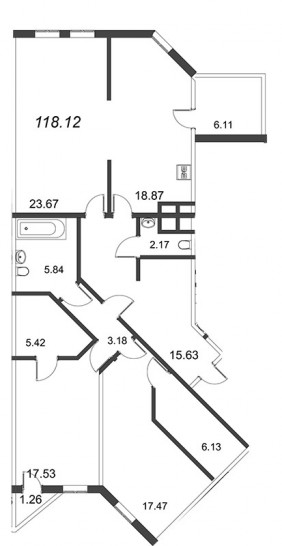 Трёхкомнатная квартира 118.17 м²