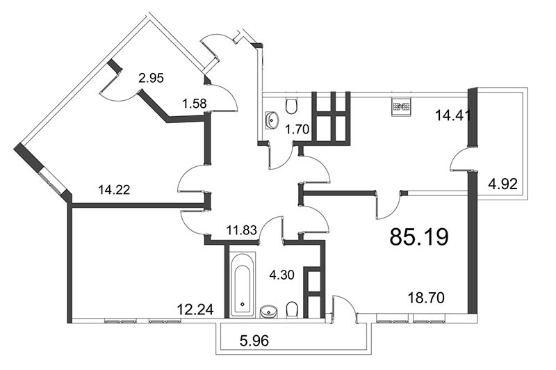 Трёхкомнатная квартира 85.18 м²