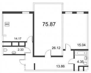 Двухкомнатная квартира 75.87 м²
